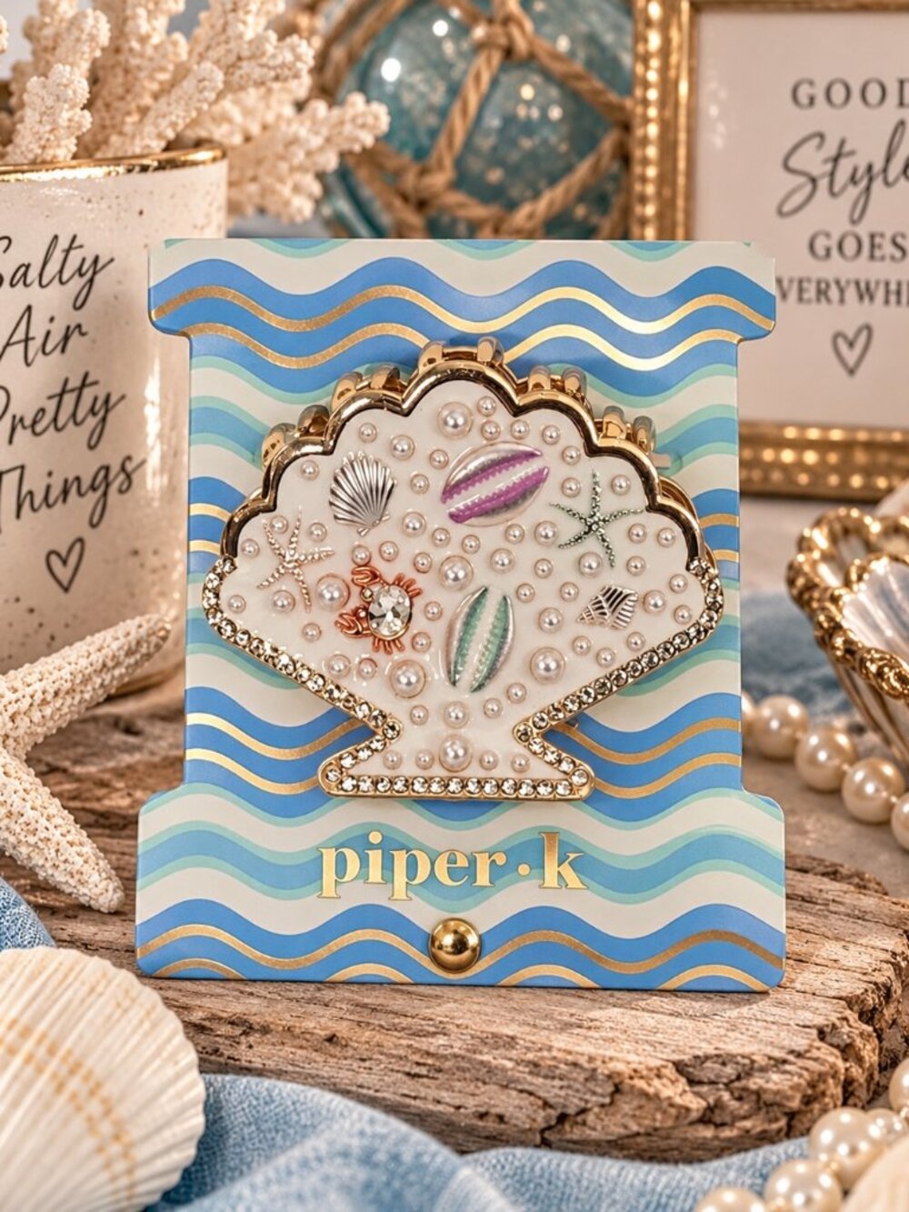 Piper K Seashell Hair Claw Clip Rhinestone Pearl Ocean Nautical Gold White NEW